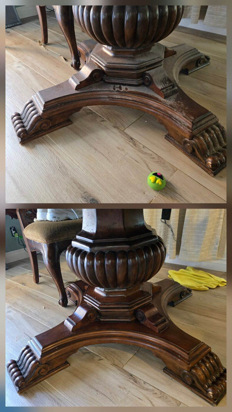 Before and after cleaning of a carved wood table base