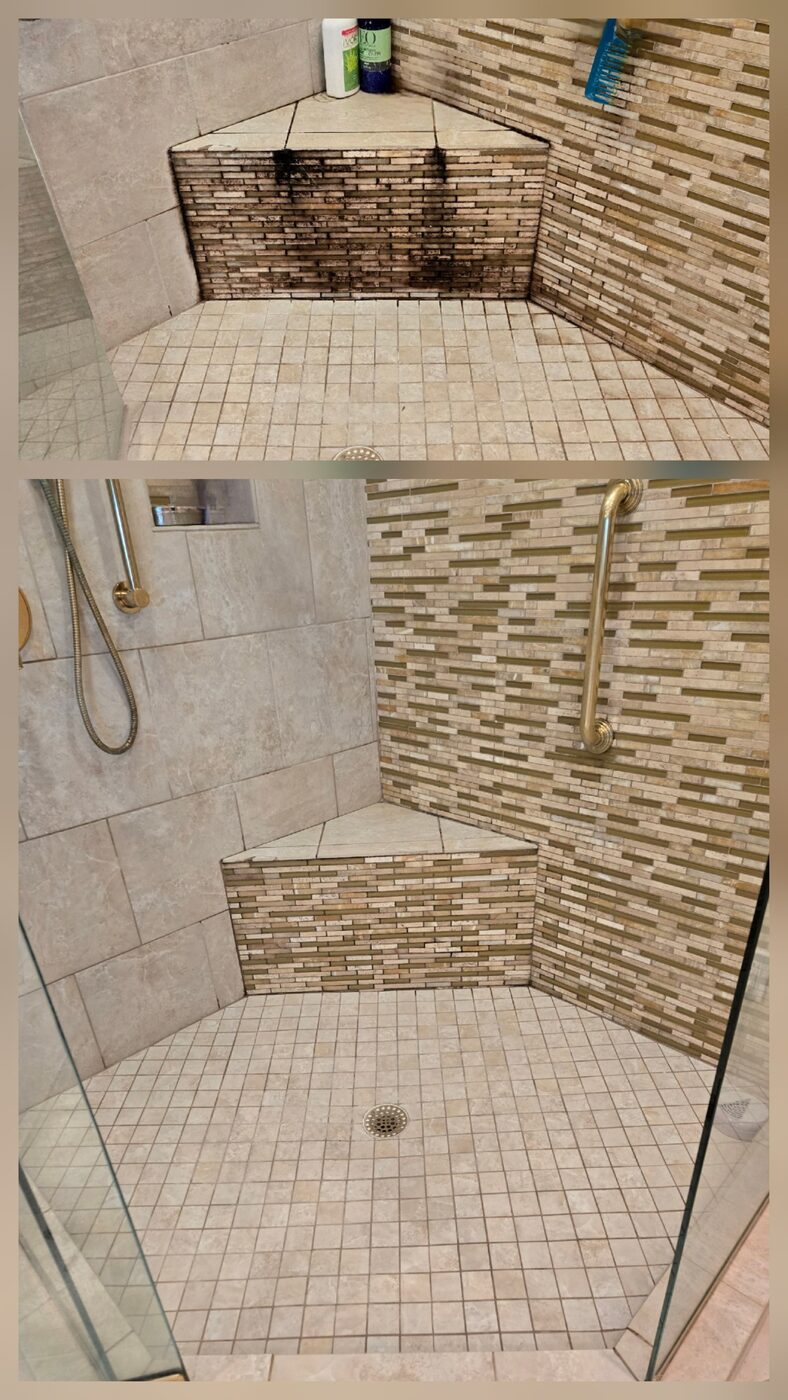 Before and after cleaning of mold on shower tile in a Port Charlotte bathroom